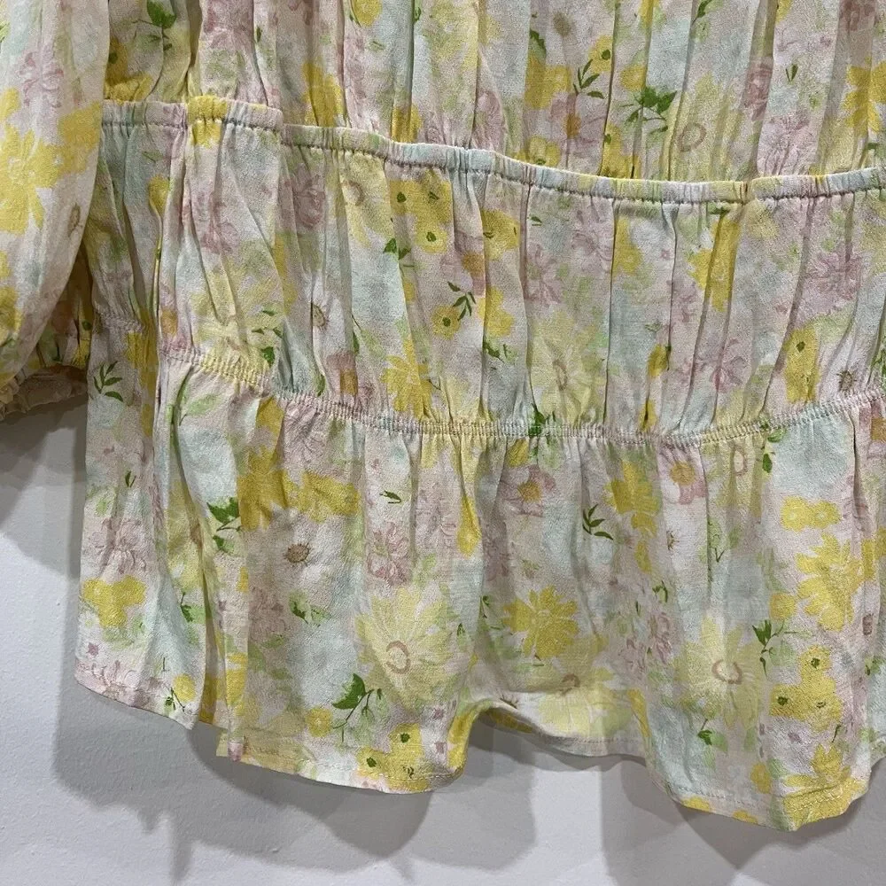 Sophie Rue Yellow Floral Cropped Puff Sleeve Peasant Top Size Medium Cottage - Picture 2 of 5